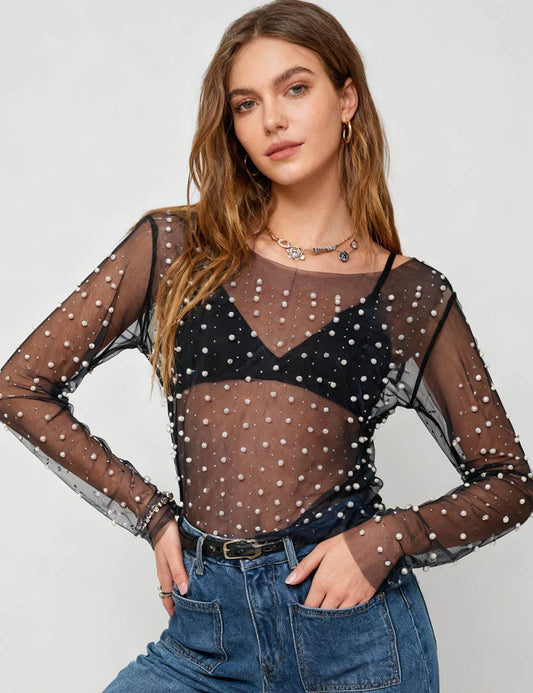 Pearl Rhinestone Studded Mesh Crop Top