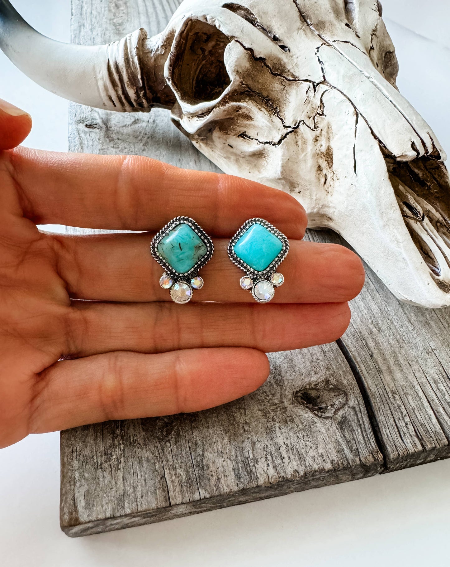 Diamond Shape Stone Stud Earrings: TURQUOISE/ BROWN