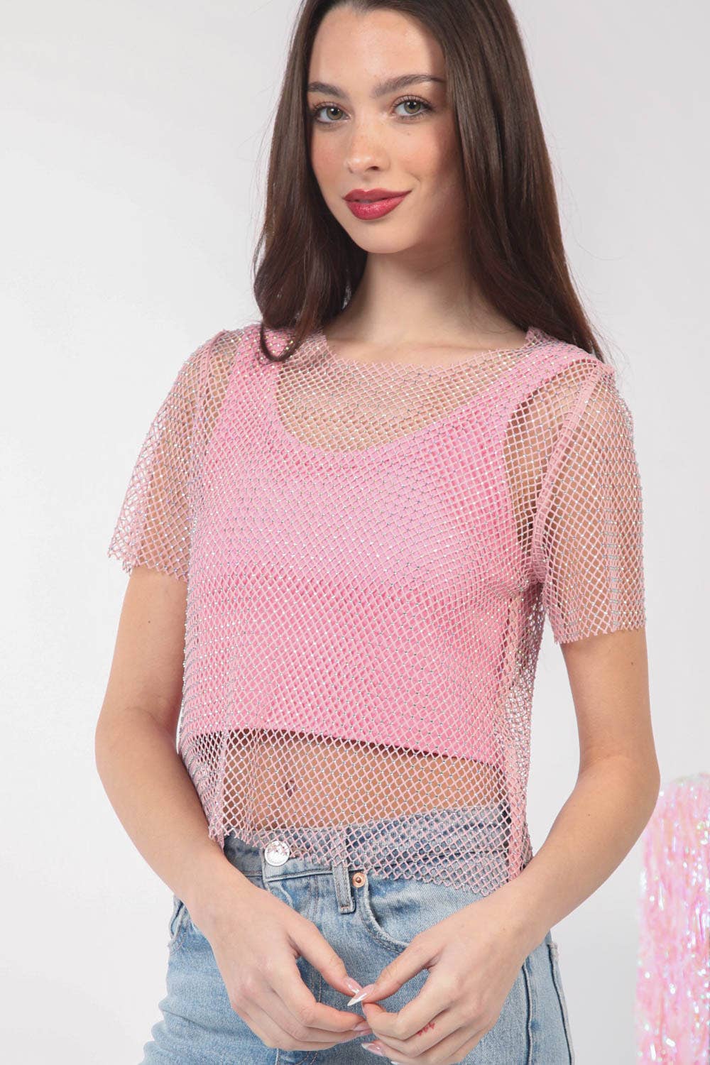 VERY J - NT11519-Jewel Fishnet Crochet Knit Top: Blue / SM-ML/3-3