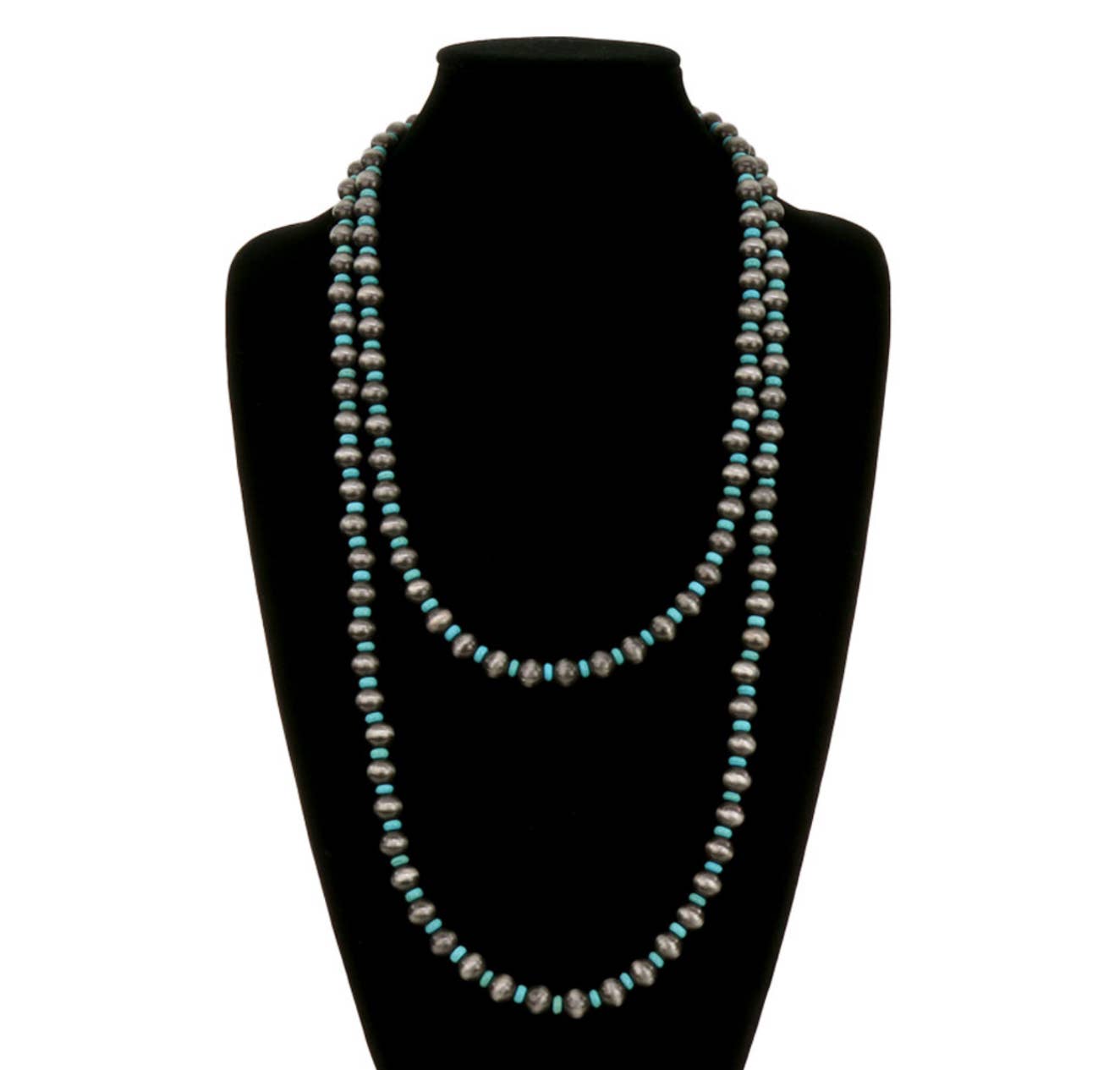 60″ Western Navajo Style Pearl Necklace: SILVER + TURQUOISE