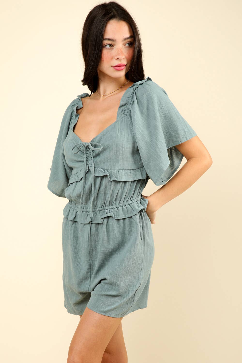 VERY J - NP70350-Sweetheart Neckline Casual Solid Woven Romper: RUST / S-M-L/2-2-2
