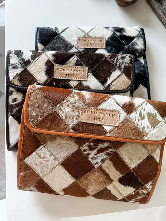 BOHO LUXE FOLDABLE travel makeup jewelry bag Genuine Cowhide: BROWN + WHITE