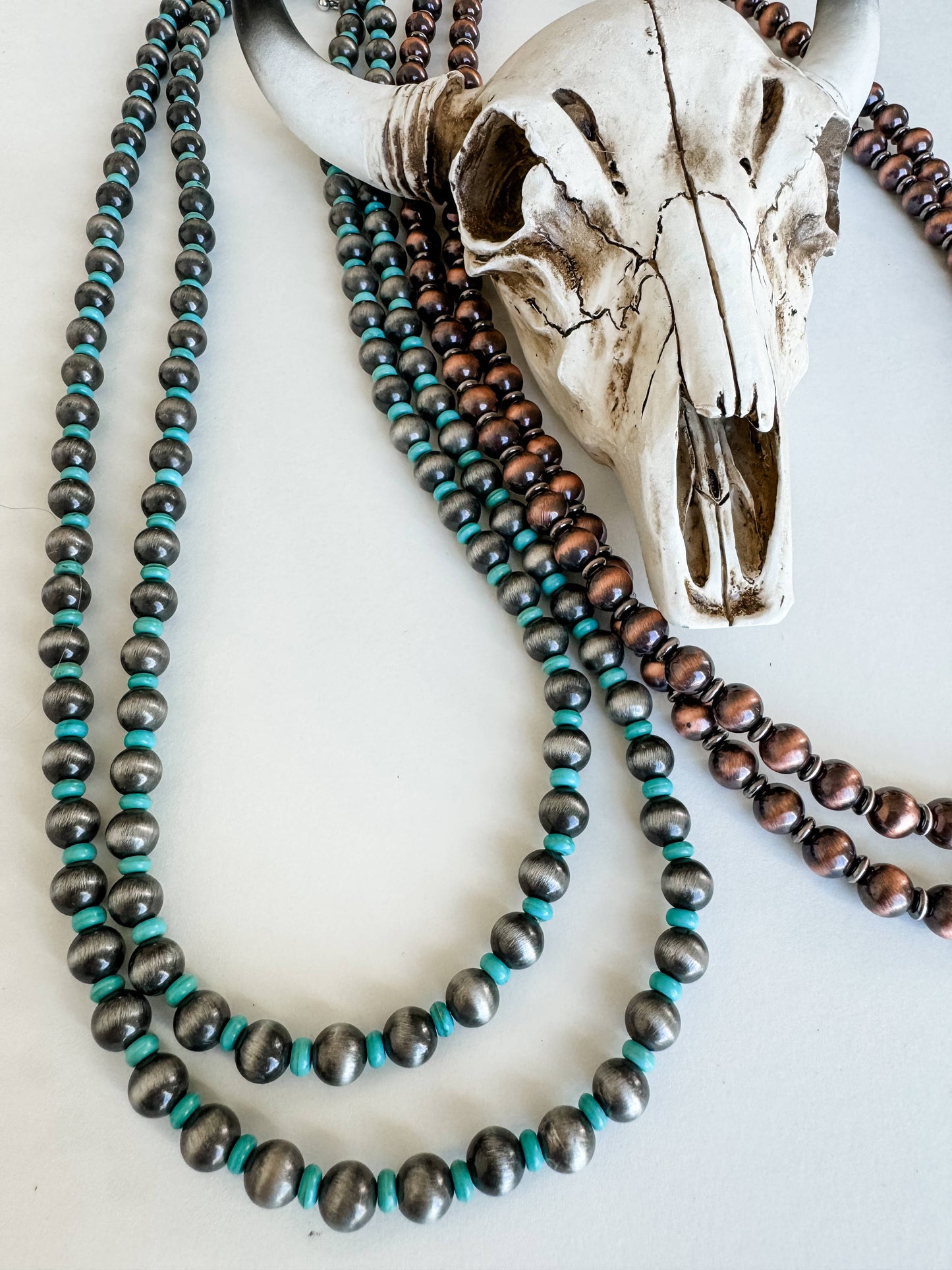 60″ Western Navajo Style Pearl Necklace: SILVER + TURQUOISE