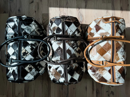 BOHO LUXE DUFFLE Weekender Leather HairOn Cowhide Travel Bag: Tan + White Cowhide