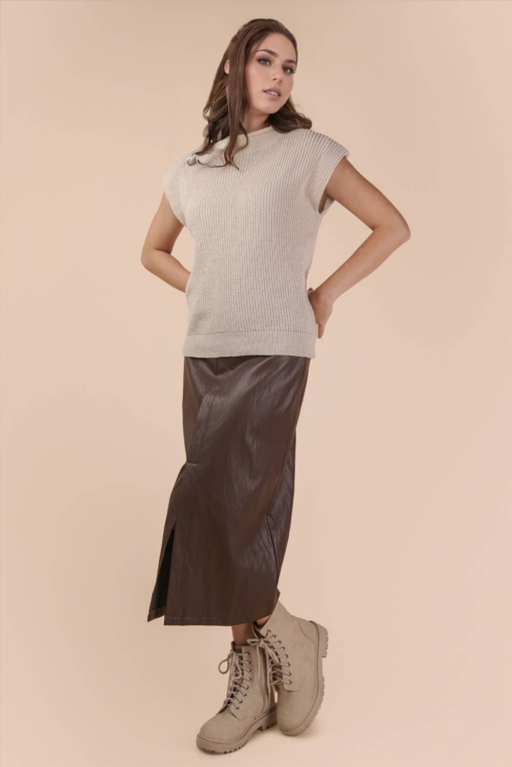 VERY J - 12W3112N-Oversized Soft Knit Sweater Vest Top: ECRU / S-M-L/2-2-2