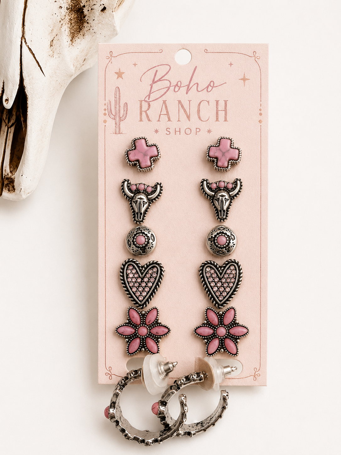 Boho Ranch Shop - 6 Pair Western Navajo Style Rhinestone Stud Stud Earring Set: PINK/ TURQUOISE