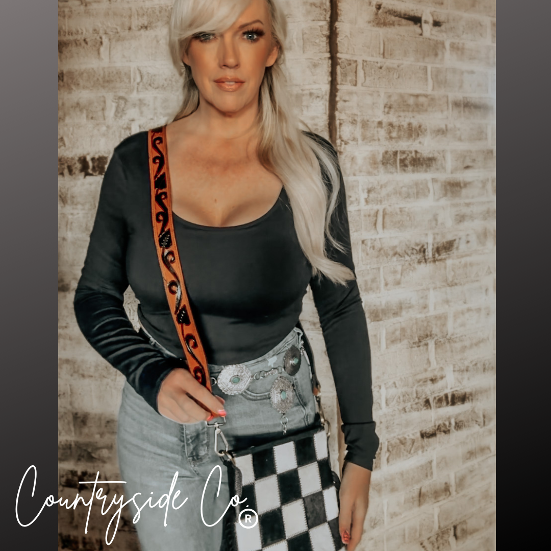 Stockyard Checkered Cowhide Fringe Purse, Black & White