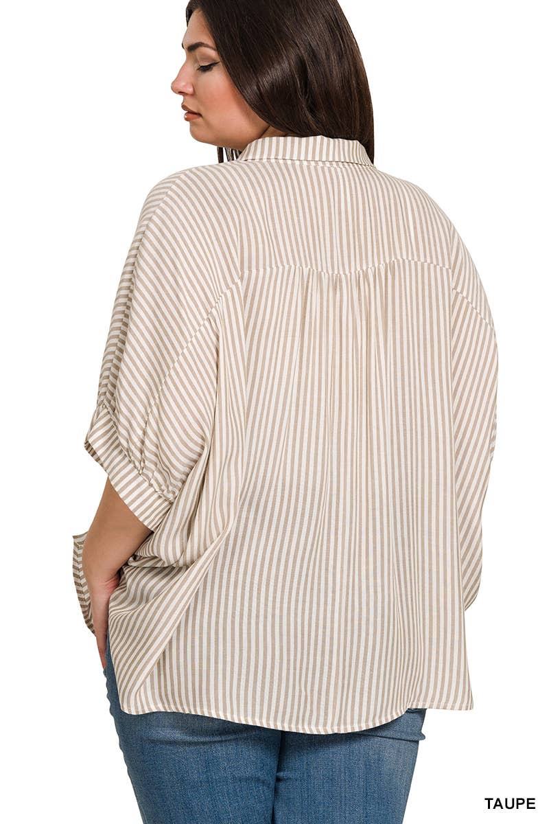 Vanilla Monkey - Plus Rayon Striped Short Sleeve Button Up Shirt: MOCHA / 3-3 (1XL/2XL-2XL/3XL)