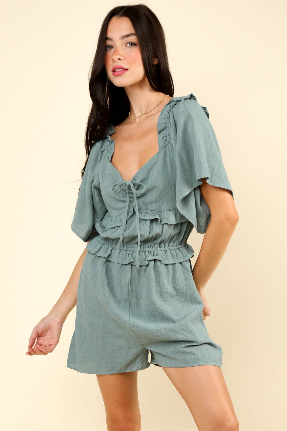 VERY J - NP70350-Sweetheart Neckline Casual Solid Woven Romper: RUST / S-M-L/2-2-2