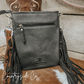 Stockyard Checkered Cowhide Fringe Purse, Black & White