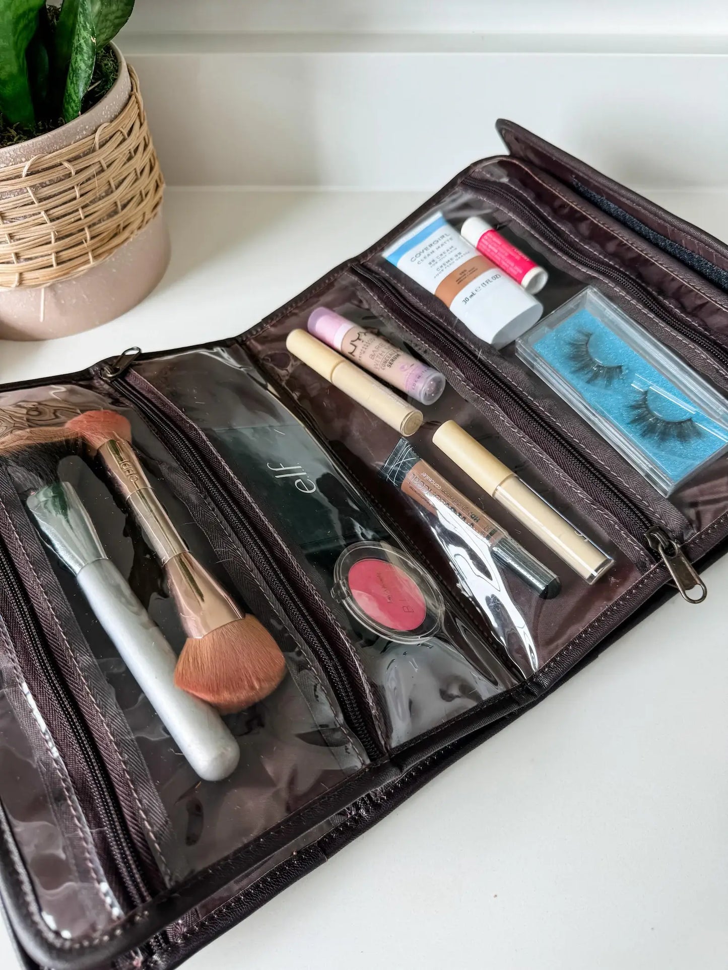 BOHO LUXE FOLDABLE travel makeup jewelry bag Genuine Cowhide: BROWN + WHITE