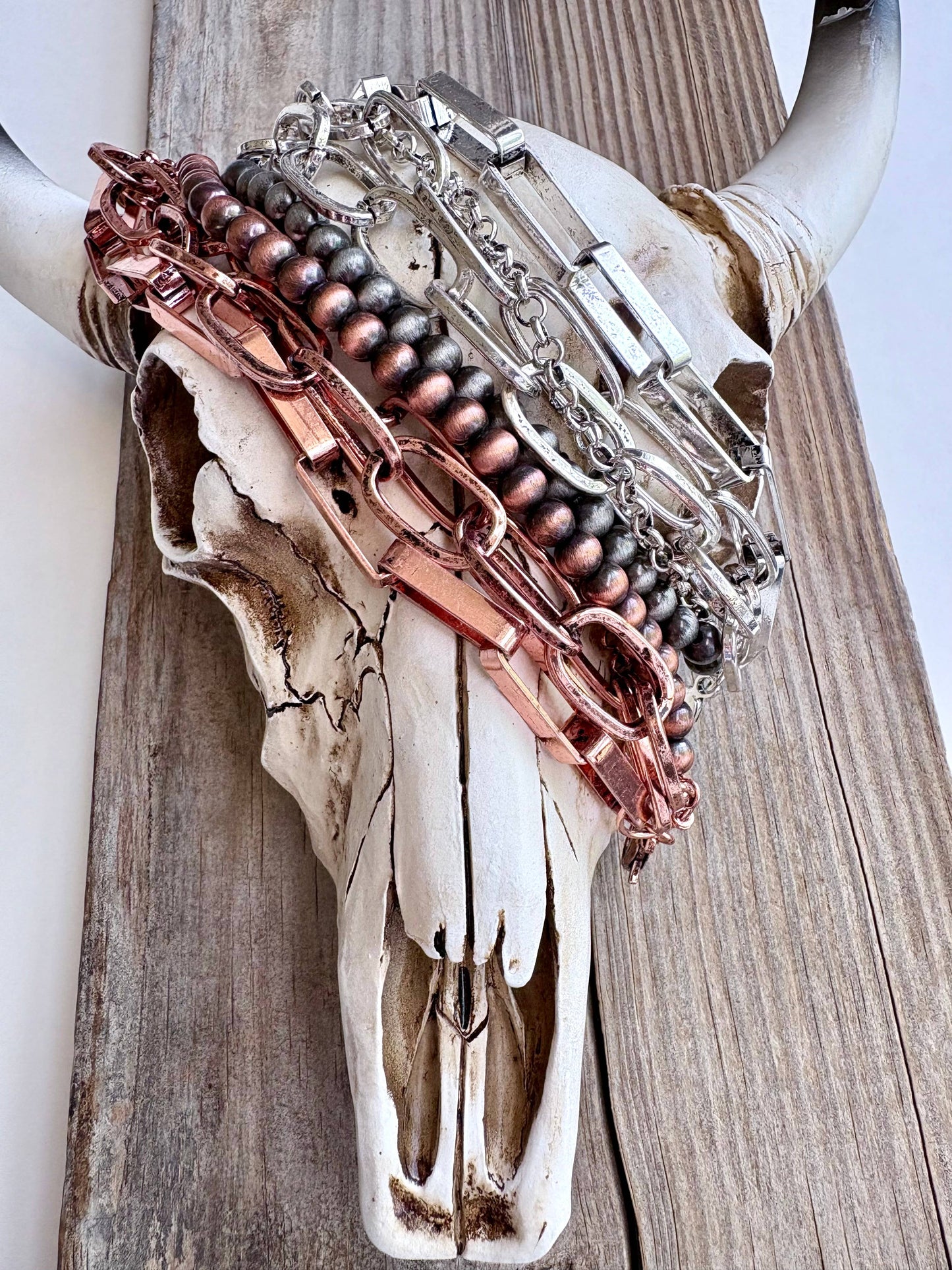 5 Layered Western Chunky Chain & Navajo Style Pearl Bracelet: Silver