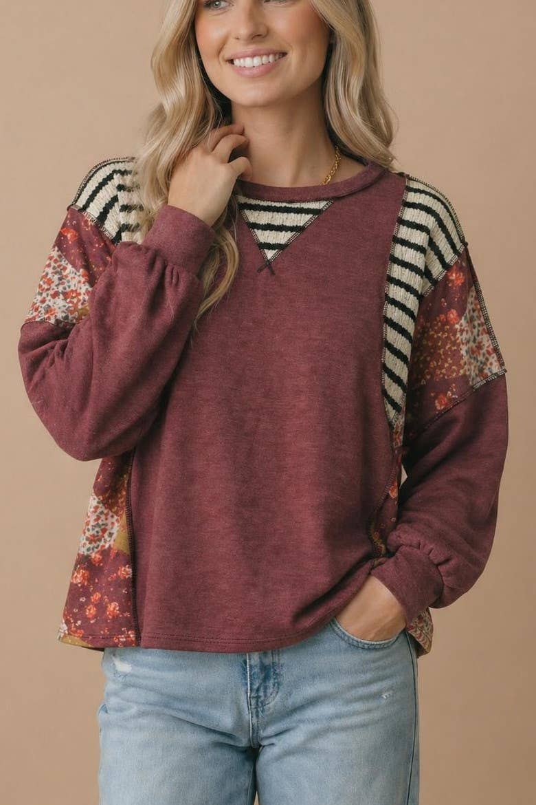 Vanilla Monkey - Round Neck Oversized Color Block Knit Top: BURGUNDY / 2-2-2(S-M-L)