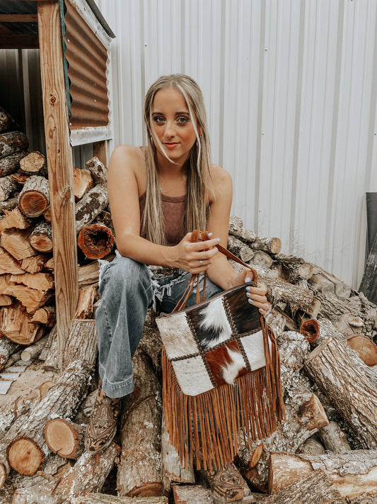 Chesney Patchwork Cowhide Fringe Western Purse