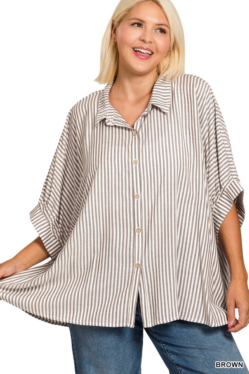 Vanilla Monkey - Plus Rayon Striped Short Sleeve Button Up Shirt: MOCHA / 3-3 (1XL/2XL-2XL/3XL)