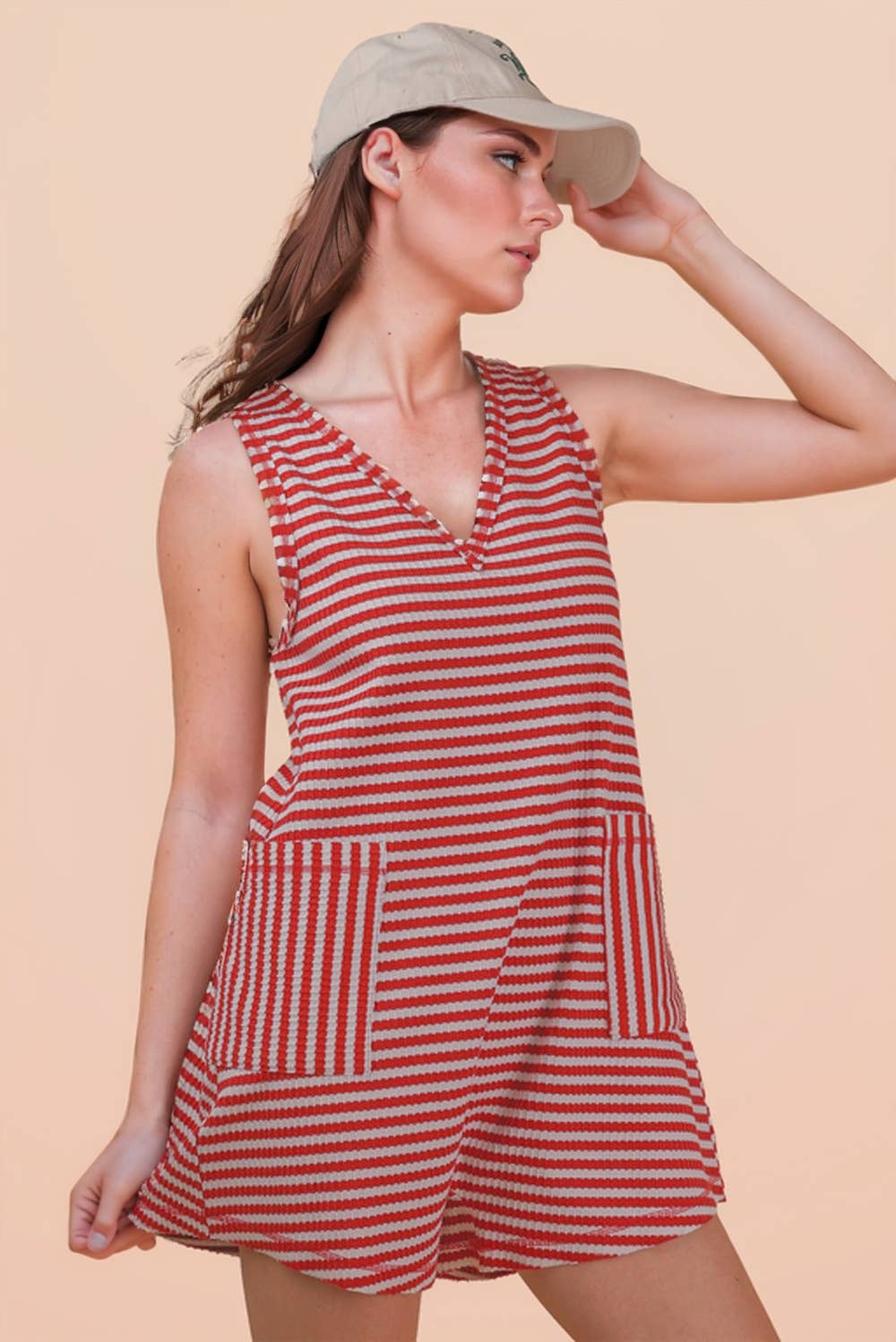VERY J - NP70744-Striped Knit Casual Comfy Romper: OAT/BLACK / S-M-L/2-2-2