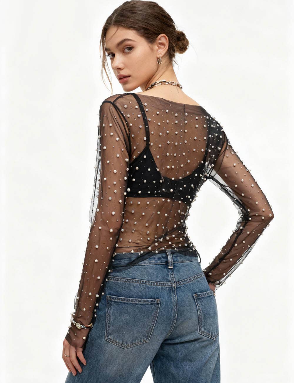 Pearl Rhinestone Studded Mesh Crop Top