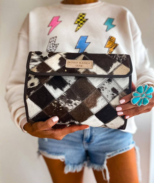 BOHO LUXE FOLDABLE travel makeup jewelry bag Genuine Cowhide: BROWN + WHITE