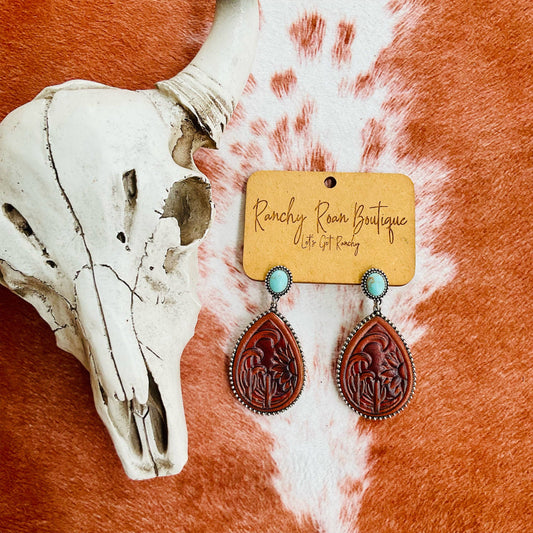 Tooled Leather and Turquoise Teardrop Earrings - TL&TTE
