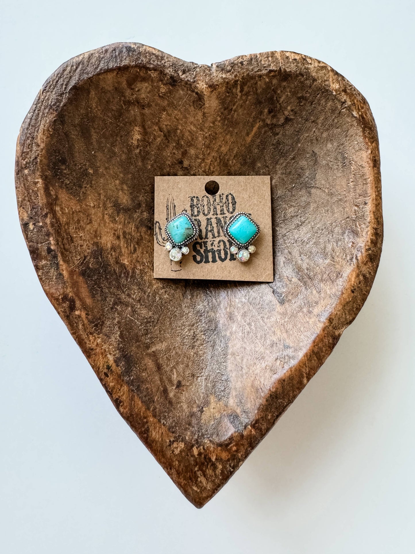 Diamond Shape Stone Stud Earrings: TURQUOISE/ BROWN