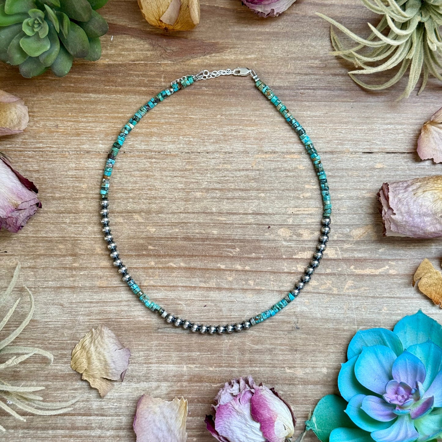15” Heishi Turquoise Necklace – 4mm Turquoise & 5mm Sterling Silver Pearls