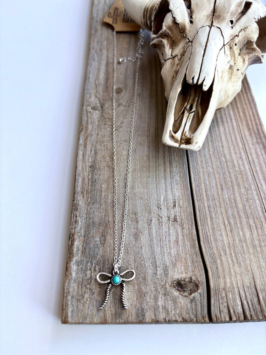 Bow Ribbon Pendant Chain Necklace: Turquoise