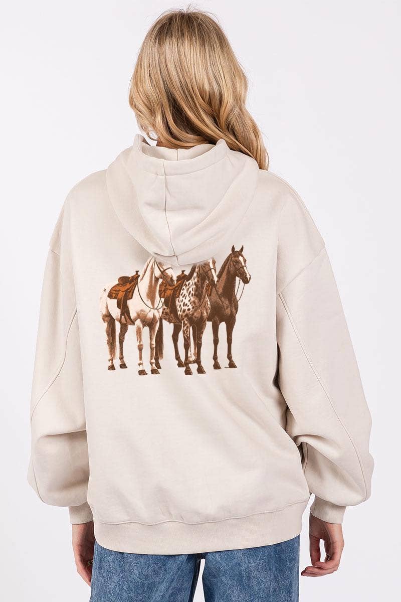 Zutter - Horse Trio Vintage Graphic L/S Fleece Hoodie: BONE / S