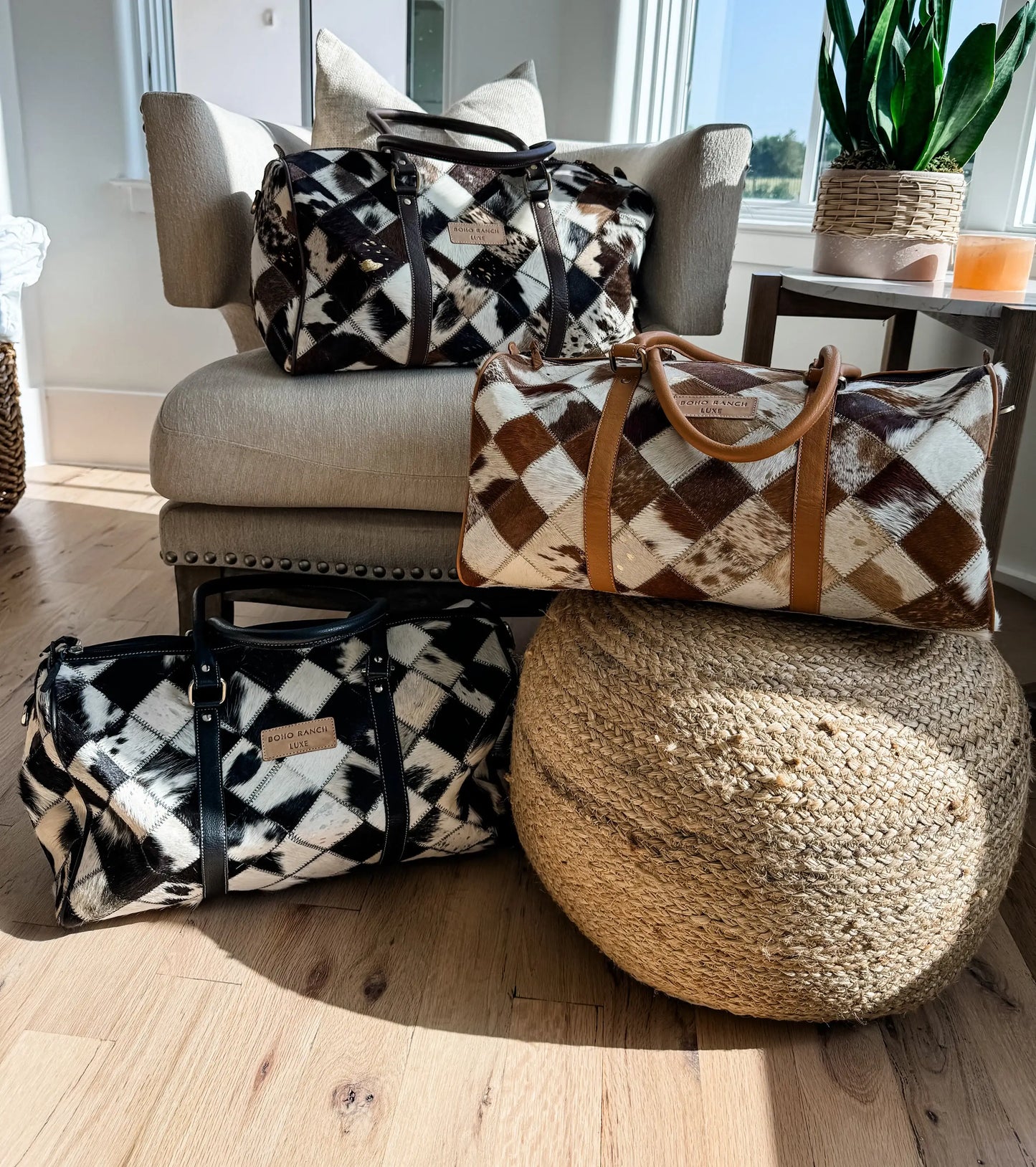 BOHO LUXE DUFFLE Weekender Leather HairOn Cowhide Travel Bag: Tan + White Cowhide