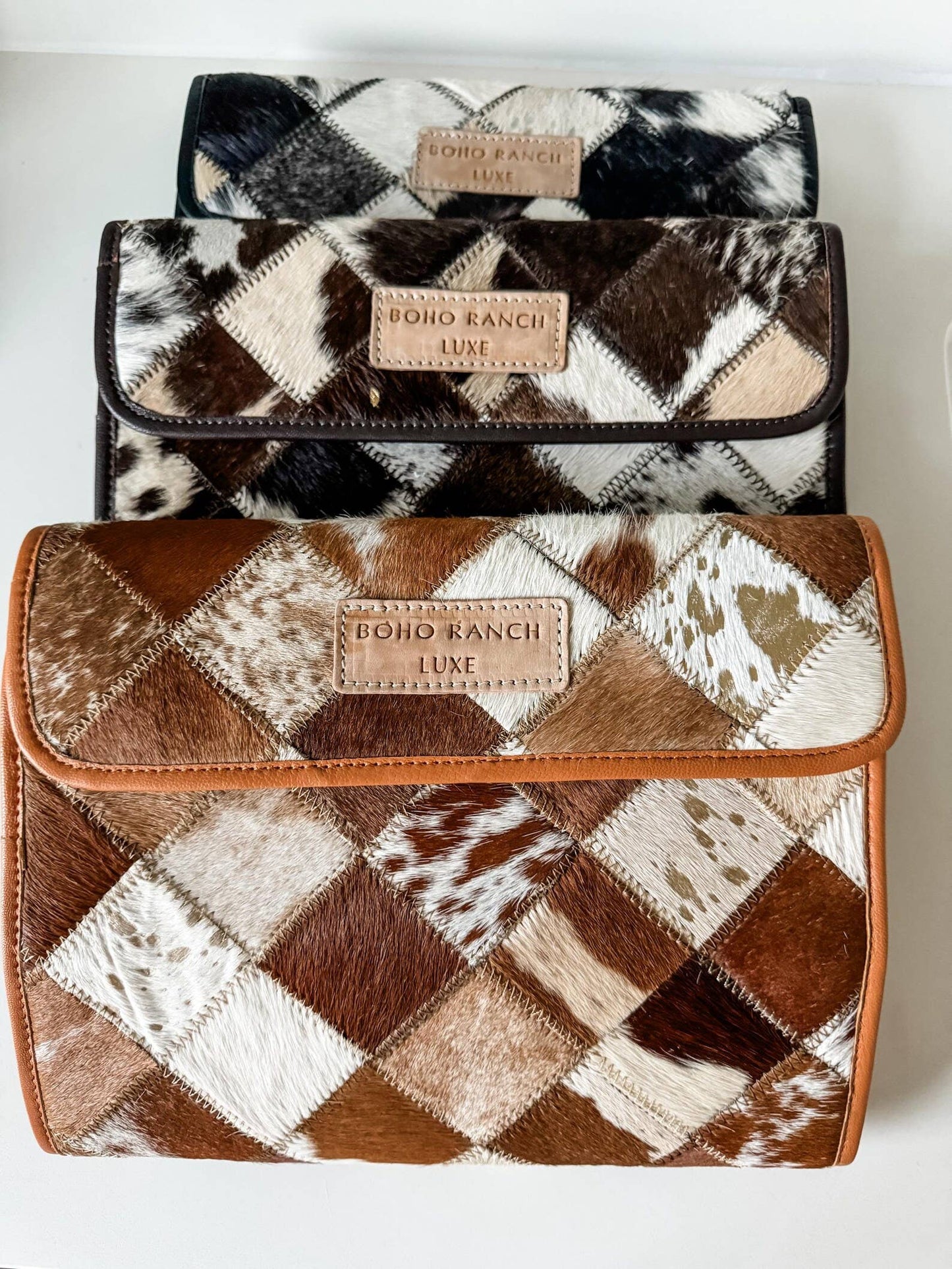 BOHO LUXE FOLDABLE travel makeup jewelry bag Genuine Cowhide: BROWN + WHITE