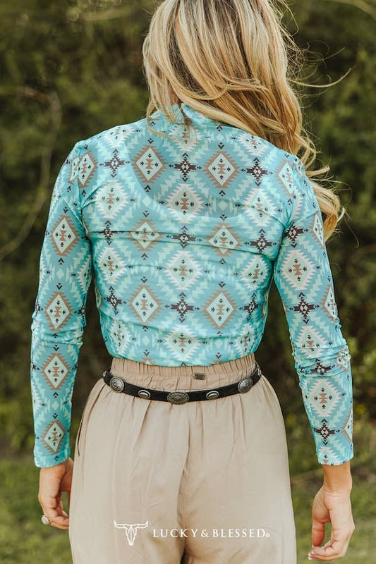 Turquoise Aztec Mesh Top