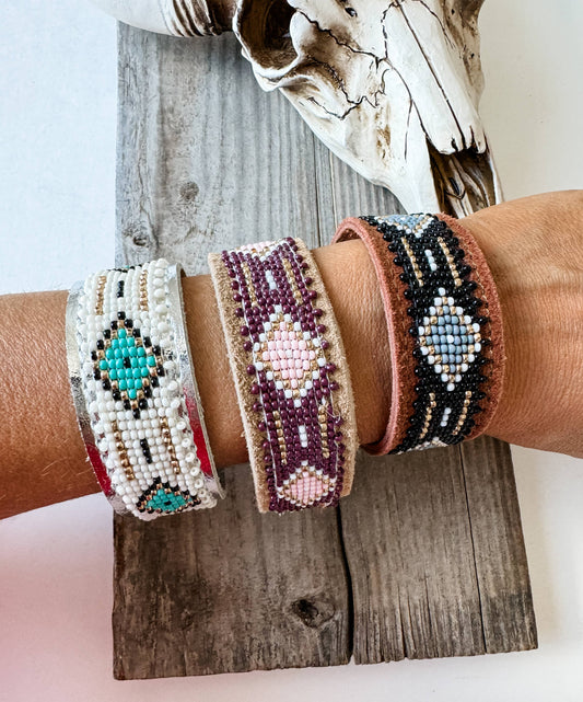 Aztec Pattern Seed Bead Leather Cuff Bracelet: WHITE + TURQUOISE