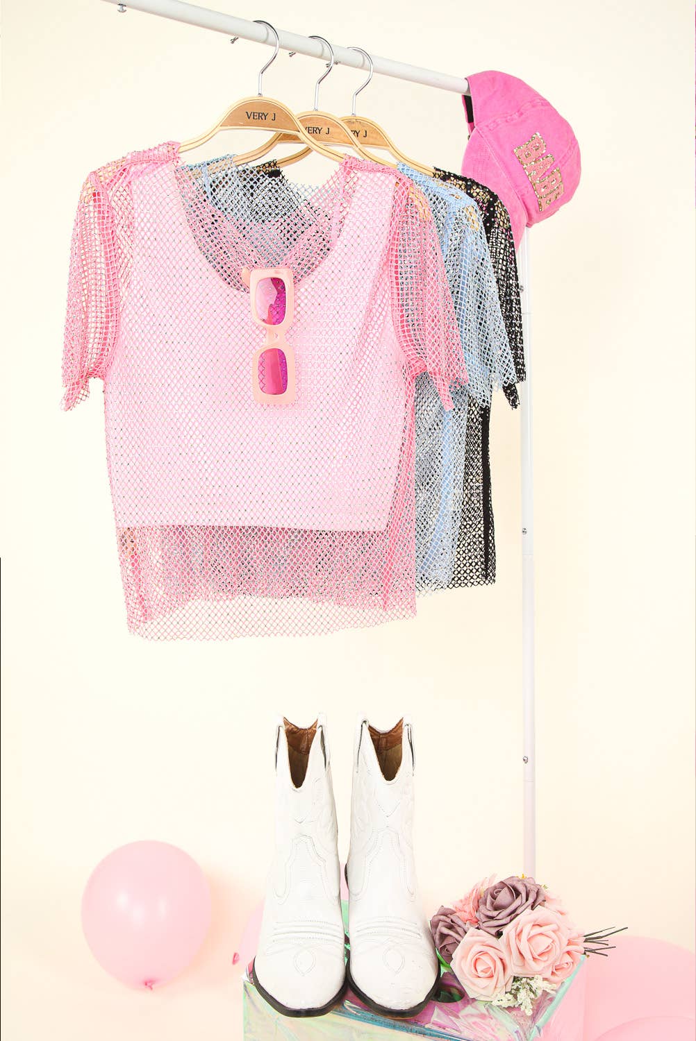 VERY J - NT11519-Jewel Fishnet Crochet Knit Top: Blue / SM-ML/3-3