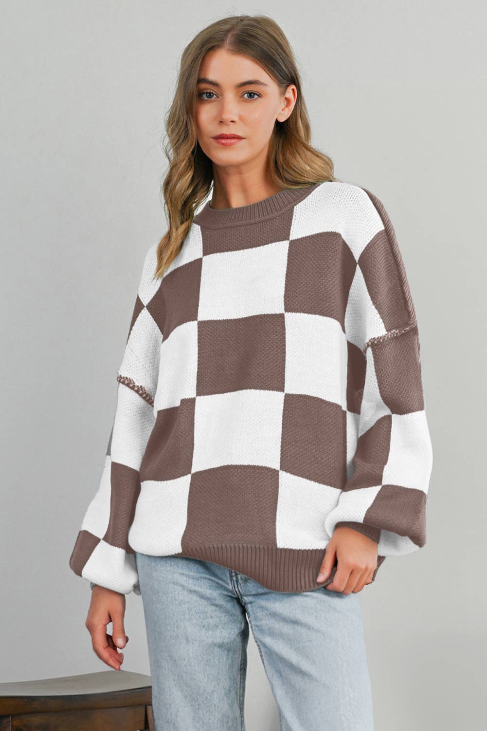 Chic Checkered Brown Sweater