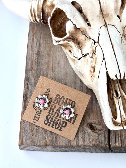 Western Flower with Stone Stud Earrings: Pink
