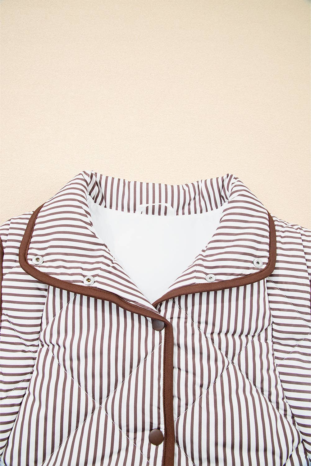 PRETTY BASH - Stripe Contrast Trim Snap Button Collared Vest: Brown Stripe / S