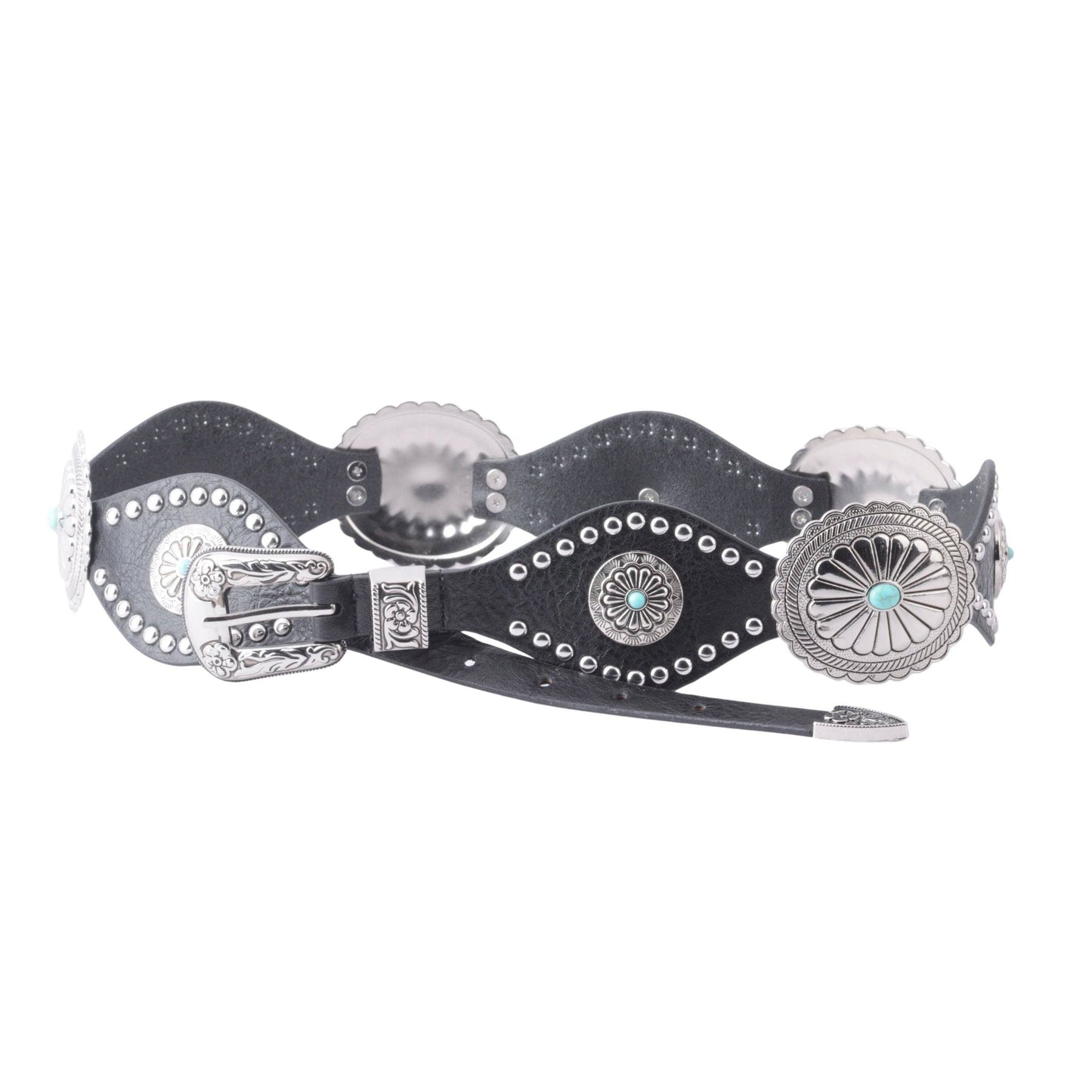 Most Wanted USA - Maximalist Silver Concho Western Buckle Leather Belt: Black / ML