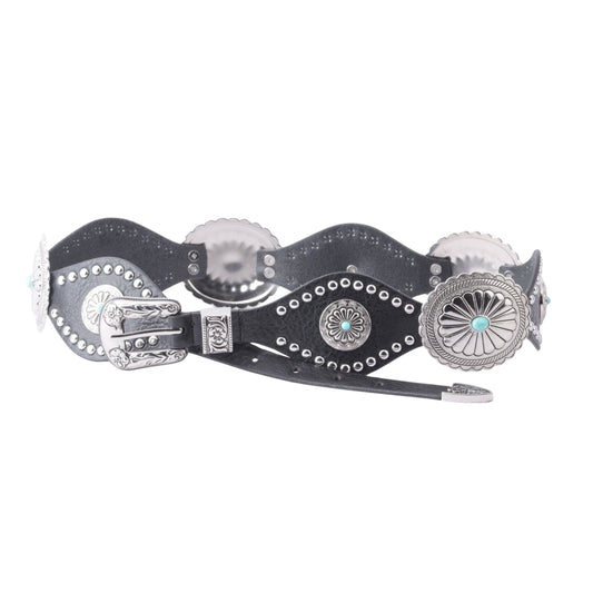 Silver Concho Western Buckle Leather Belt: Black