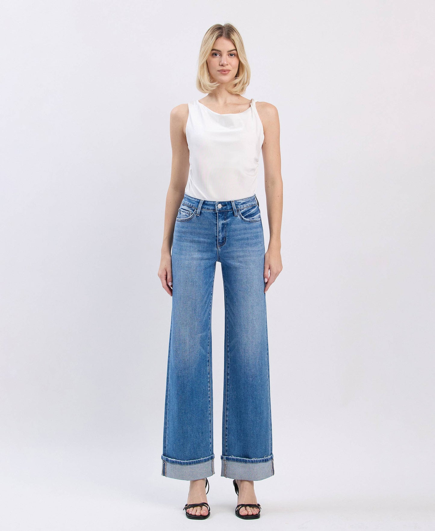 Westbury - High Rise Medium Wash Cuffed Wide Leg