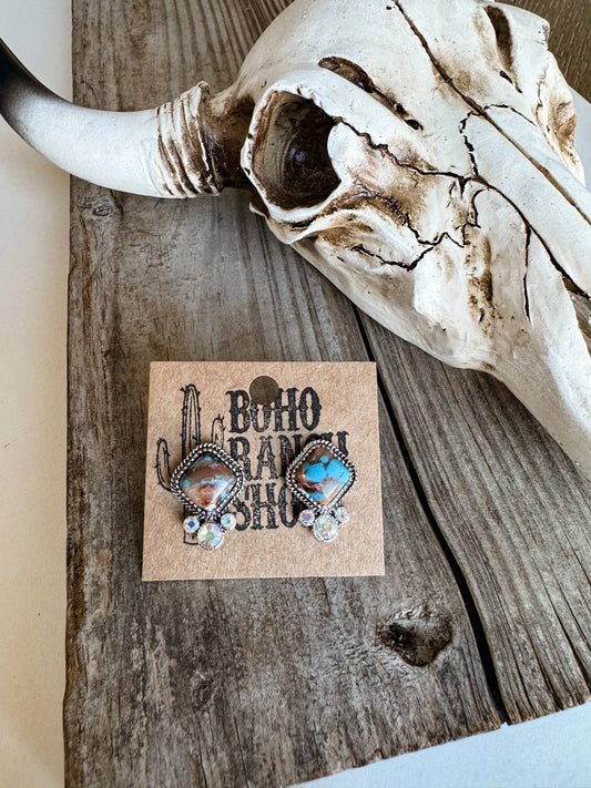 Diamond Shape Stone Stud Earrings: TURQUOISE/ BROWN
