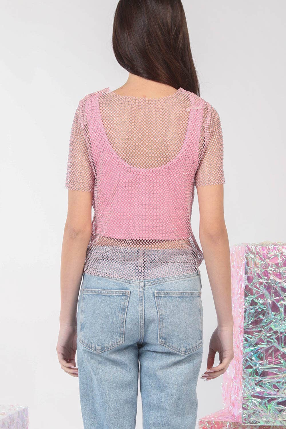 VERY J - NT11519-Jewel Fishnet Crochet Knit Top: Blue / SM-ML/3-3