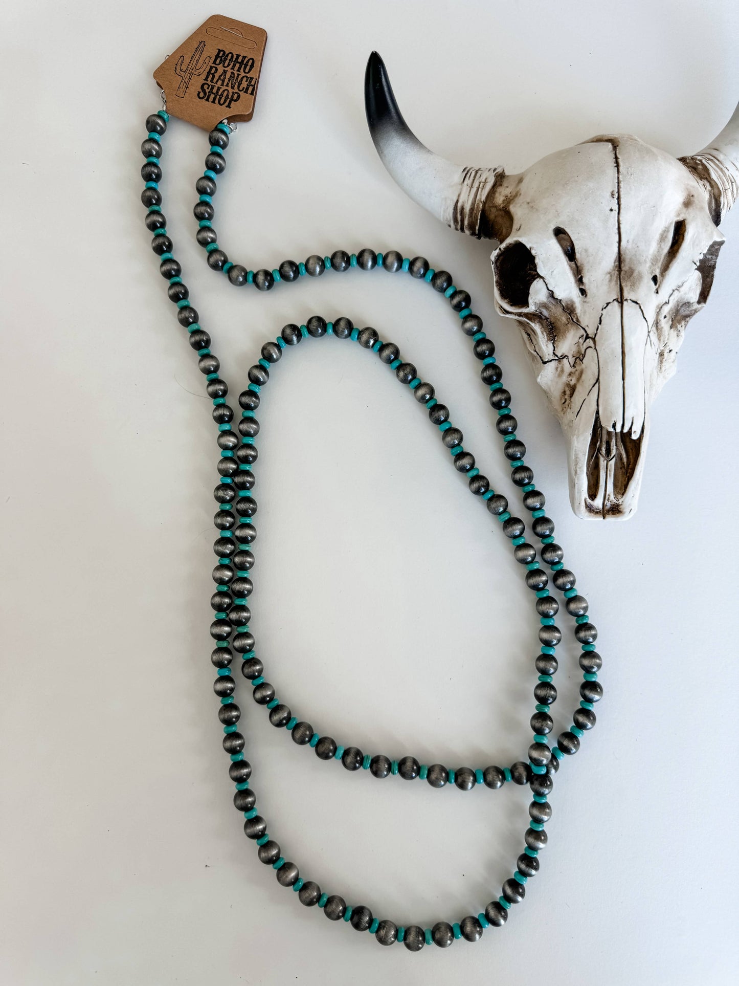 60″ Western Navajo Style Pearl Necklace: SILVER + TURQUOISE