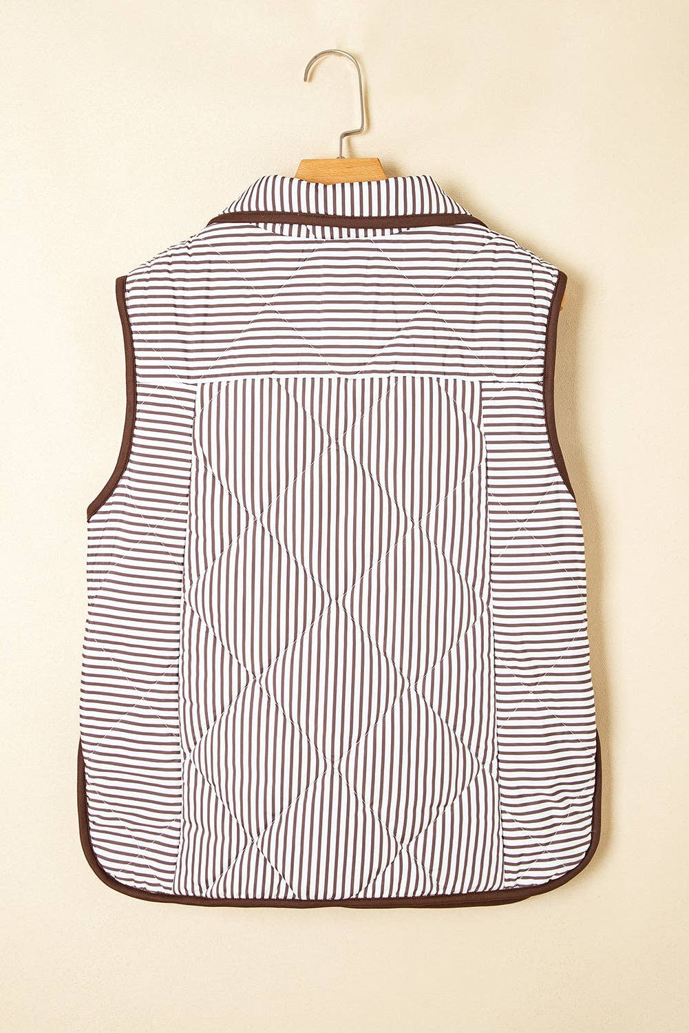 PRETTY BASH - Stripe Contrast Trim Snap Button Collared Vest: Brown Stripe / S