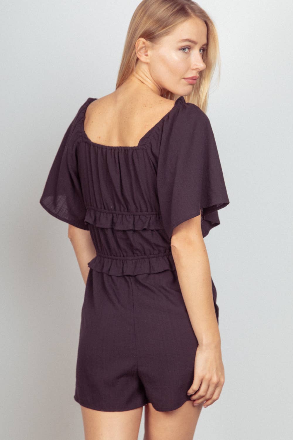 VERY J - NP70350-Sweetheart Neckline Casual Solid Woven Romper: RUST / S-M-L/2-2-2