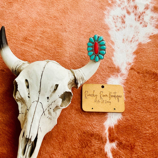 Western Design Turquoise and Red Cuff Ring - TRCR