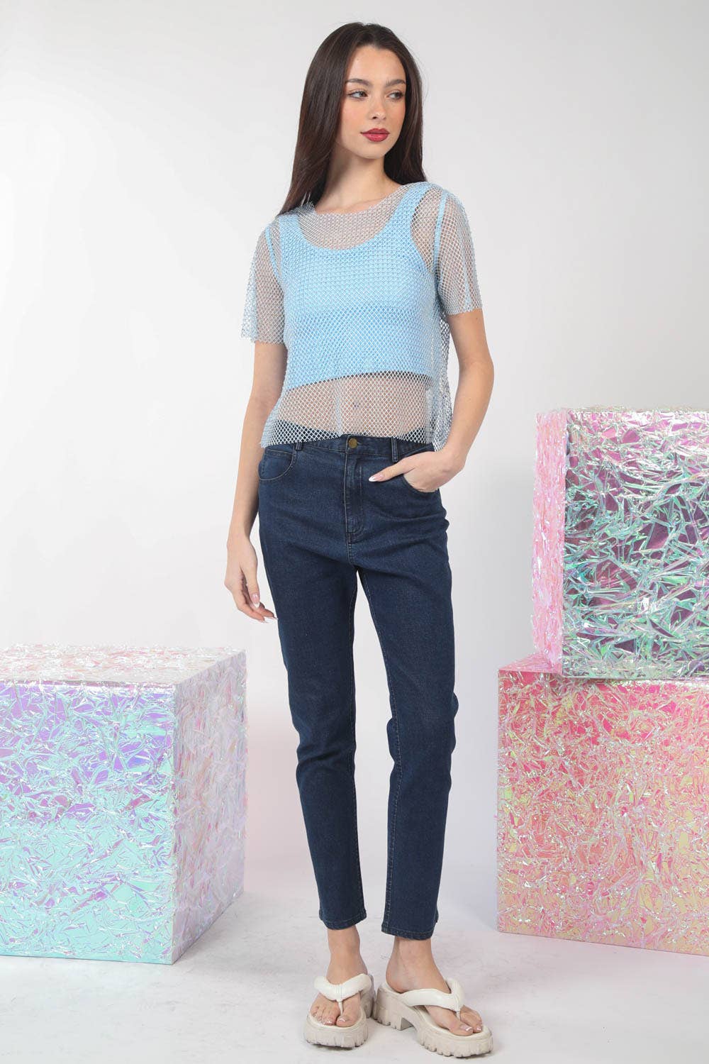 VERY J - NT11519-Jewel Fishnet Crochet Knit Top: Blue / SM-ML/3-3