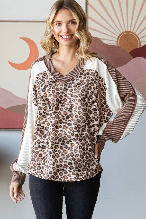 7th Ray - [PLUS SIZE] Animal Print V Neck Pullover Top T5777XL: Brown / 1X