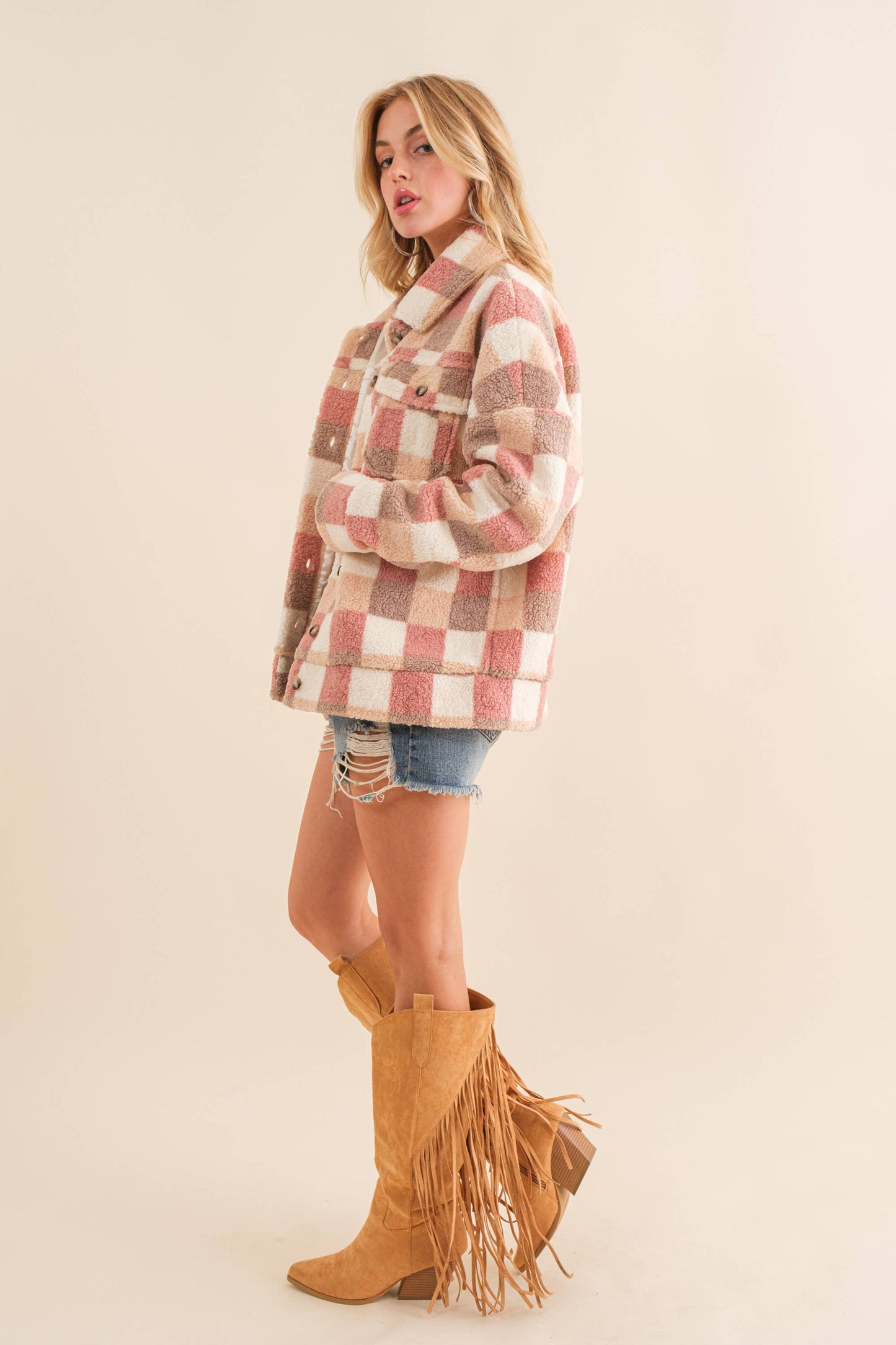 Pink/Brown Checkered Oversized Jacket