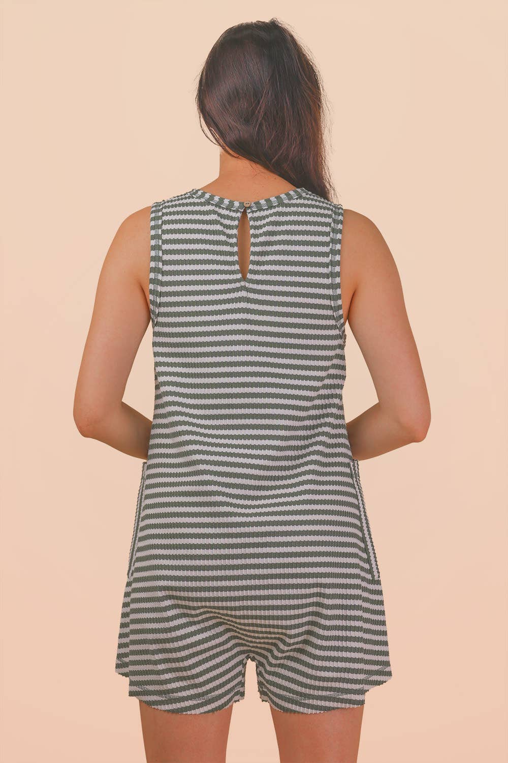 VERY J - NP70744-Striped Knit Casual Comfy Romper: OAT/BLACK / S-M-L/2-2-2