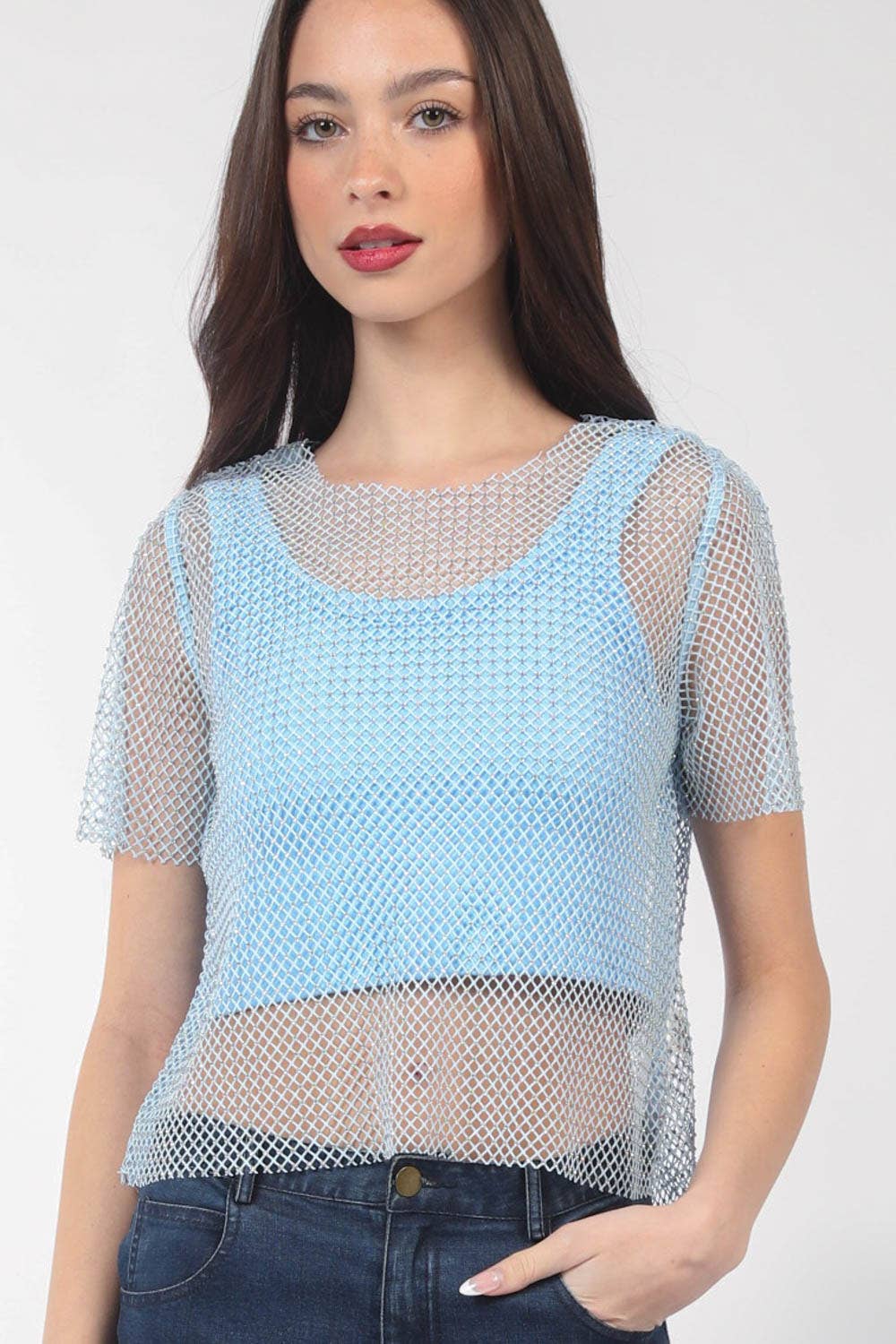 VERY J - NT11519-Jewel Fishnet Crochet Knit Top: Blue / SM-ML/3-3