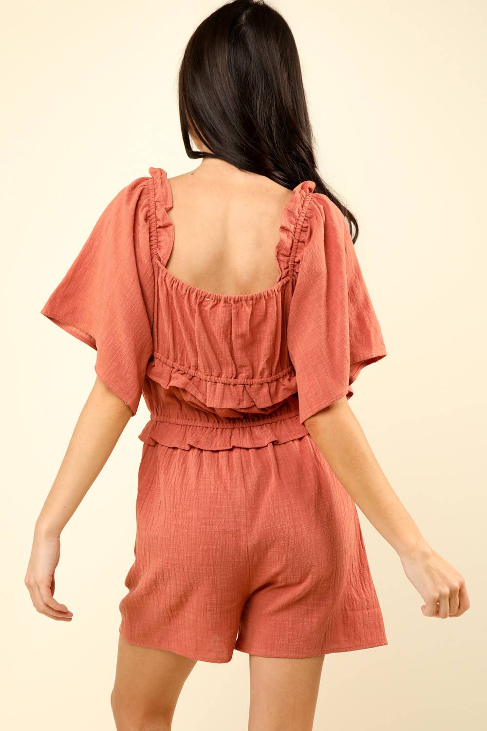 VERY J - NP70350-Sweetheart Neckline Casual Solid Woven Romper: RUST / S-M-L/2-2-2